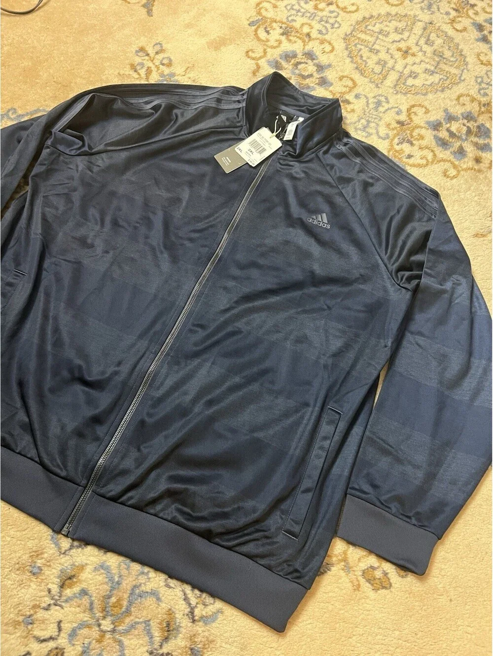 Adidas Jacket Mens 2XL Blue ESS 3S TTOP Q3 Full Zip Striped Logo Athletic Blue